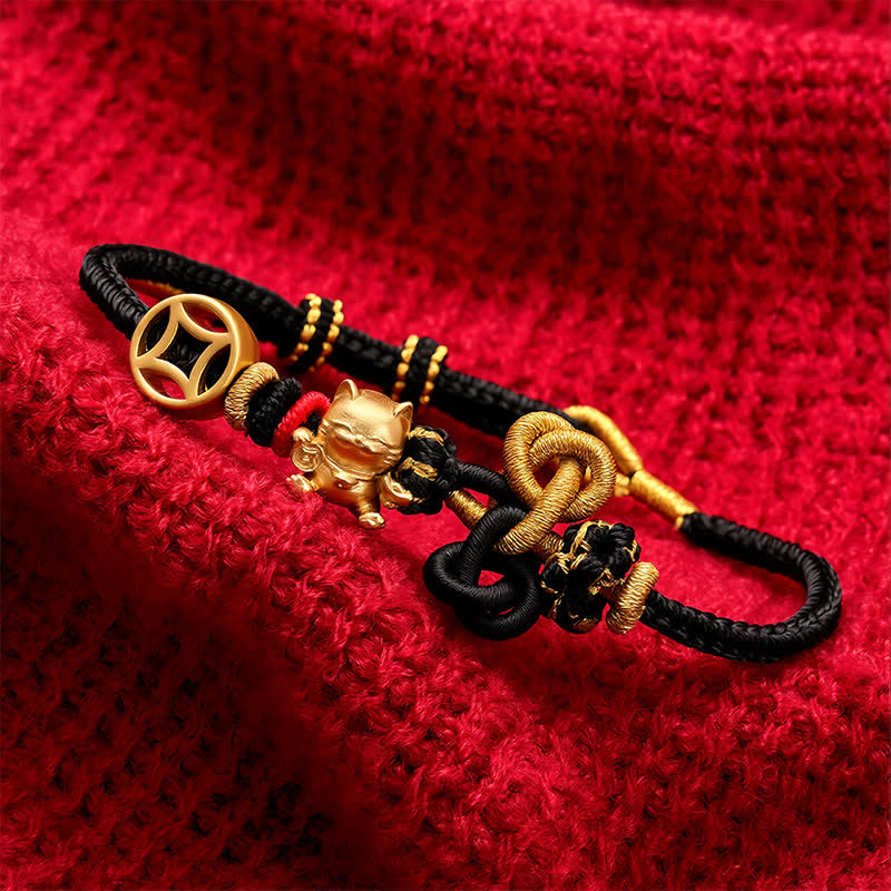 Nimara Ritual Golden Lucky Cat Red String Protection Braided Bracelet