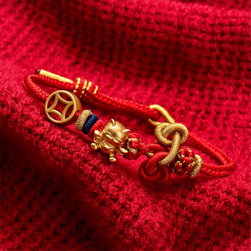 Nimara Ritual Golden Lucky Cat Red String Protection Braided Bracelet