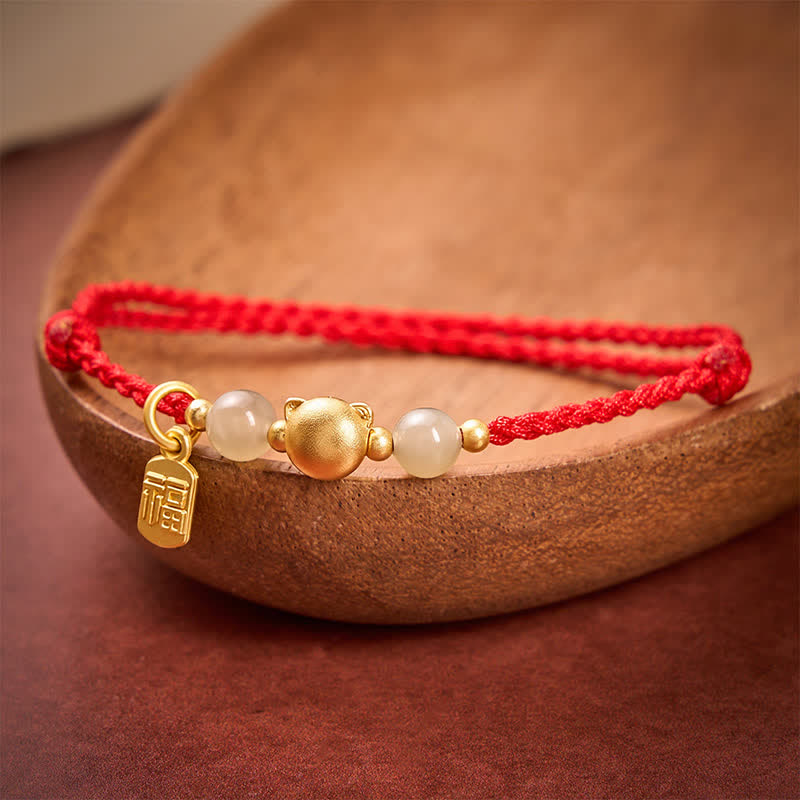 Nimara Ritual Hetian Jade Fu Character Copper Cat Red String Bracelet