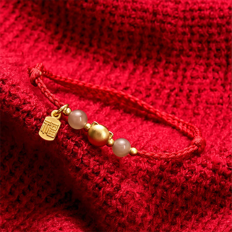 Nimara Ritual Hetian Jade Fu Character Copper Cat Red String Bracelet