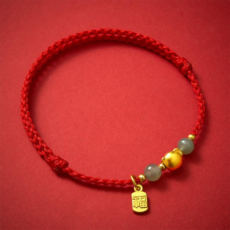 Nimara Ritual Hetian Jade Fu Character Copper Cat Red String Bracelet