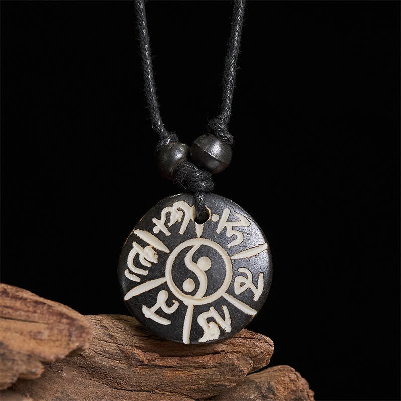 Nimara Ritual Hand Carved Bone Bead Om Mani Padme Hum Yin Yang Protection Necklace
