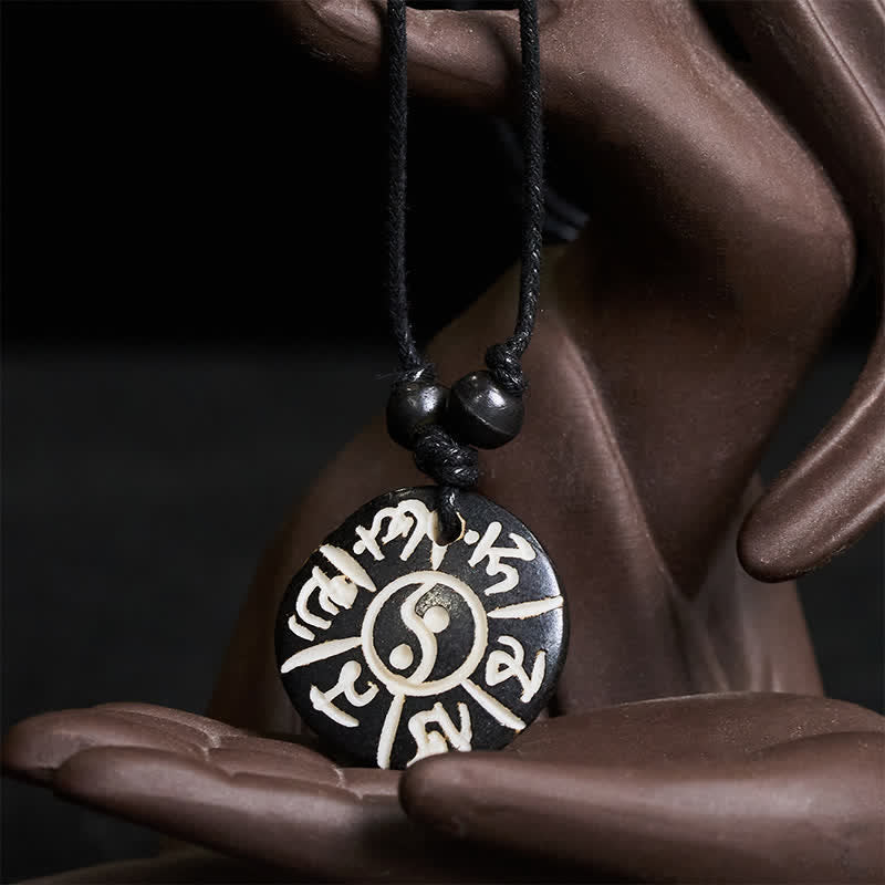 Nimara Ritual Hand Carved Bone Bead Om Mani Padme Hum Yin Yang Protection Necklace