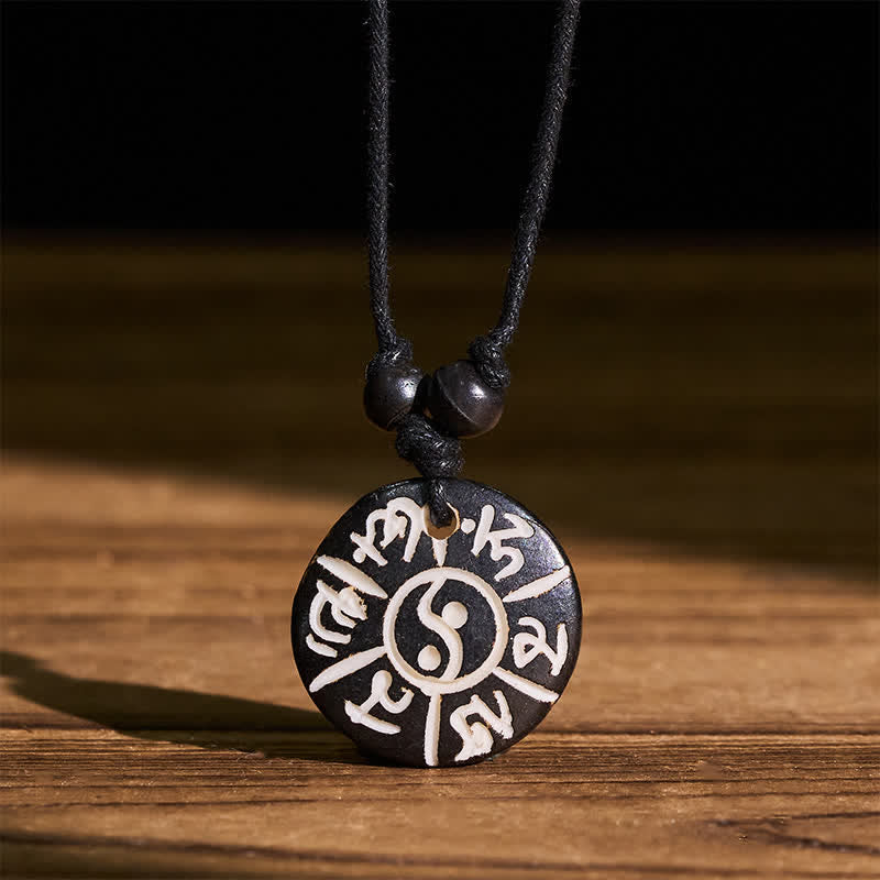 Nimara Ritual Hand Carved Bone Bead Om Mani Padme Hum Yin Yang Protection Necklace