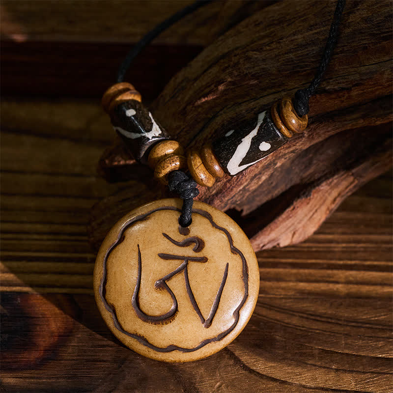 Nimara Ritual Bone Bead OM Hand Carved Tibetan Pendant Compassion Necklace