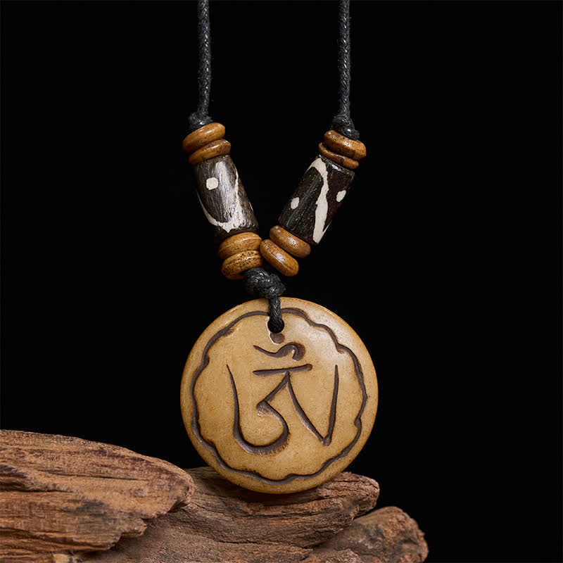 Nimara Ritual Bone Bead OM Hand Carved Tibetan Pendant Compassion Necklace