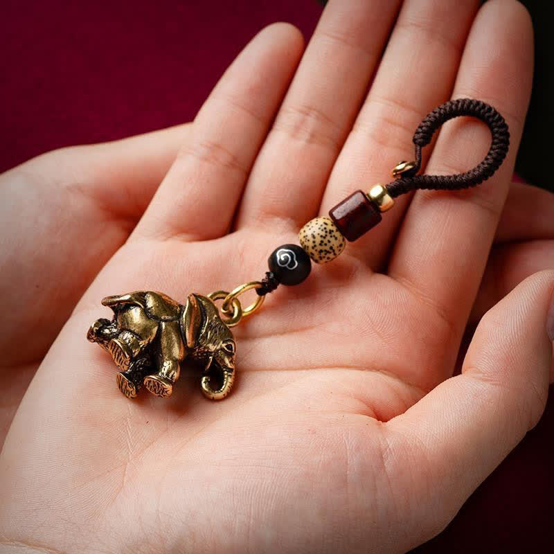 Nimara Ritual Vintage Brass Elephant Five Emperor Coins Luck Keychains