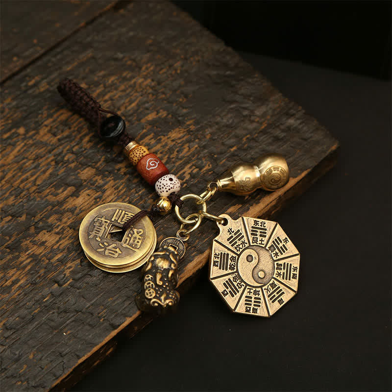 Nimara Ritual Vintage Brass Bagua Pi Xiu Five Emperor Coins Pendant Protection Yin Yang Keychains