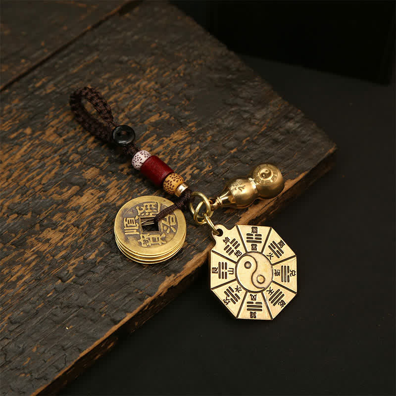 Nimara Ritual Vintage Brass Bagua Pi Xiu Five Emperor Coins Pendant Protection Yin Yang Keychains