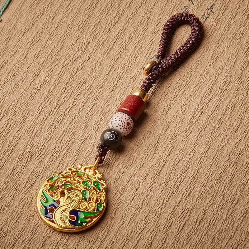 Nimara Ritual Vintage Peacock Fu Character Copper Charm Keychains