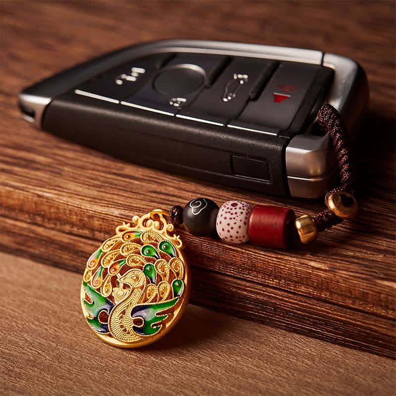 Nimara Ritual Vintage Peacock Fu Character Copper Charm Keychains