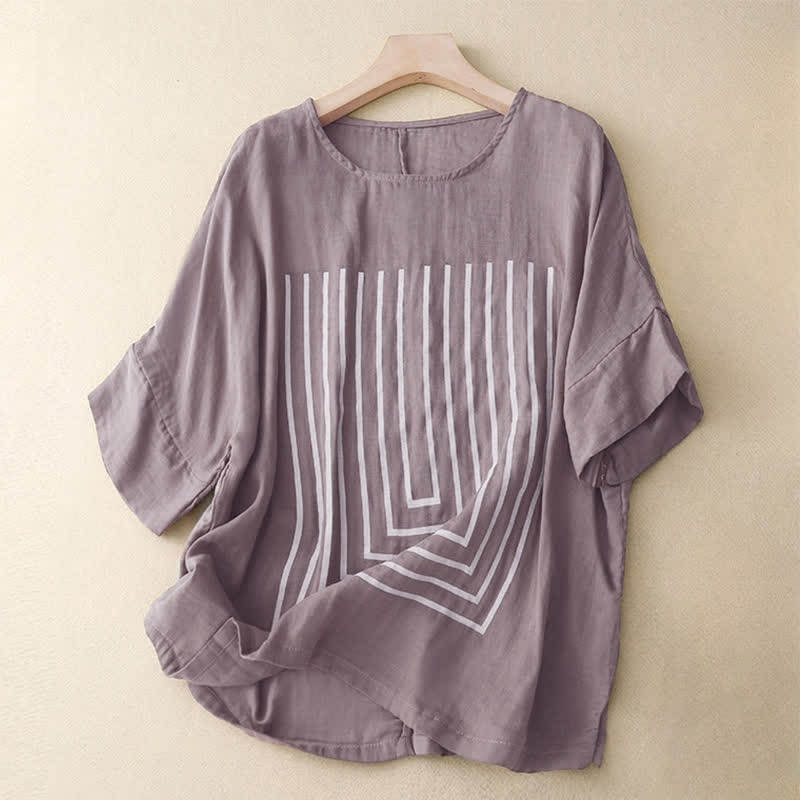 Nimara Ritual Casual Line Printing Pattern Short Sleeve Cotton Linen Women's T-Shirt
