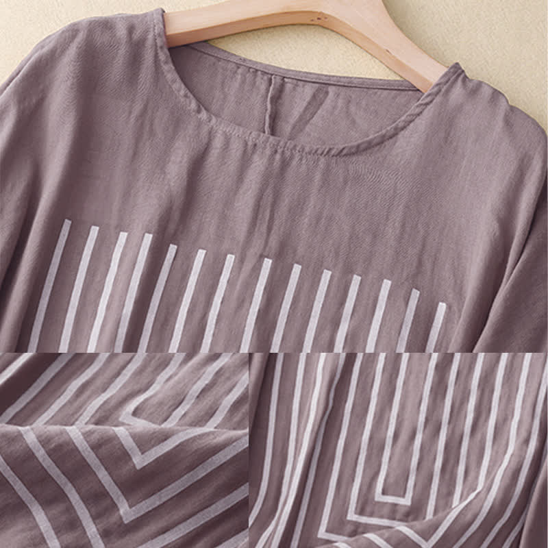 Nimara Ritual Casual Line Printing Pattern Short Sleeve Cotton Linen Women's T-Shirt