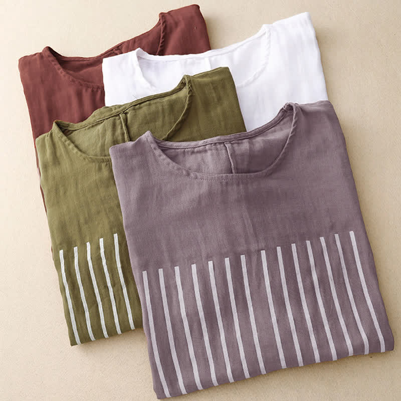 Nimara Ritual Casual Line Printing Pattern Short Sleeve Cotton Linen Women's T-Shirt