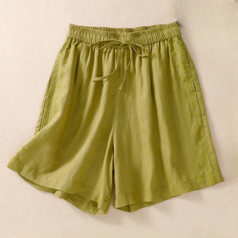 Nimara Ritual Casual Floral Embroidery Pattern Drawstring Women's Shorts With Pockets