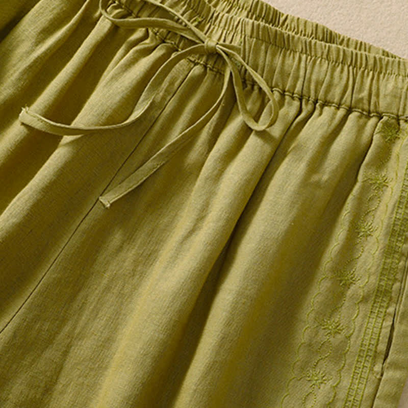 Nimara Ritual Casual Floral Embroidery Pattern Drawstring Women's Shorts With Pockets