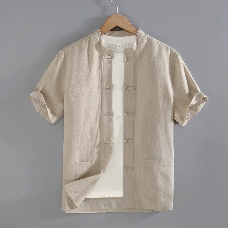 Nimara Ritual Vintage Plain Tang Suit Chinese Frog-Button Men's Shirt With Pockets