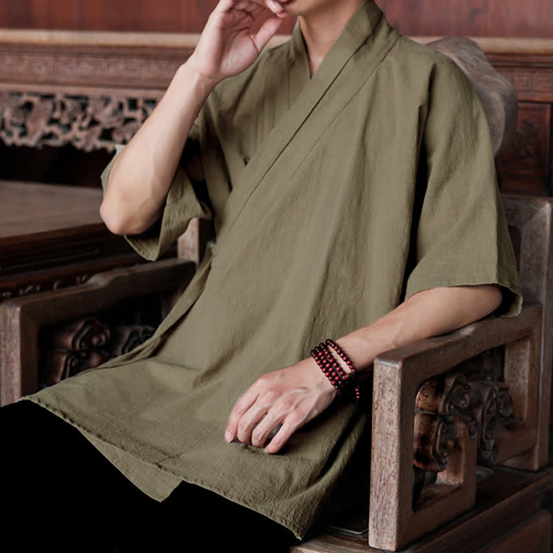 Nimara Ritual Summer Tang Style Minimalist Side Slit V-Neck Solid Men's Short Sleeve Shirts With Pocket