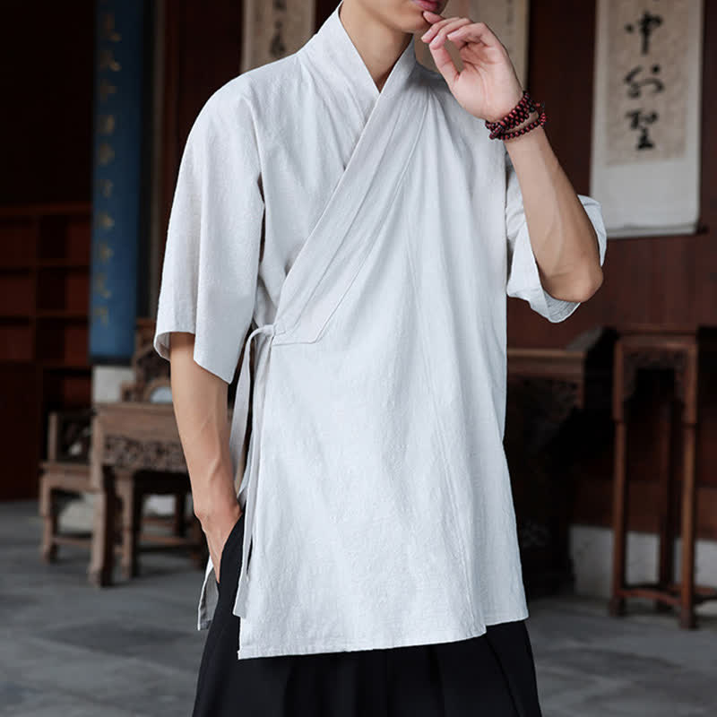 Nimara Ritual Summer Tang Style Minimalist Side Slit V-Neck Solid Men's Short Sleeve Shirts With Pocket