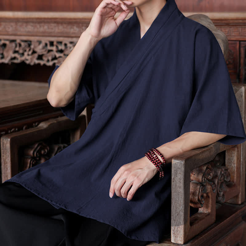 Nimara Ritual Summer Tang Style Minimalist Side Slit V-Neck Solid Men's Short Sleeve Shirts With Pocket