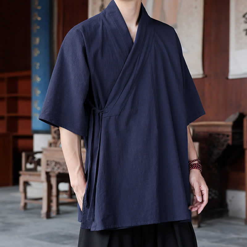 Nimara Ritual Summer Tang Style Minimalist Side Slit V-Neck Solid Men's Short Sleeve Shirts With Pocket
