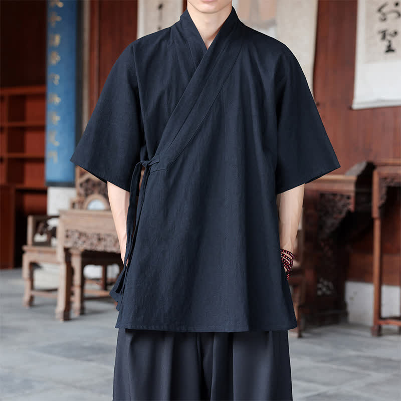 Nimara Ritual Summer Tang Style Minimalist Side Slit V-Neck Solid Men's Short Sleeve Shirts With Pocket