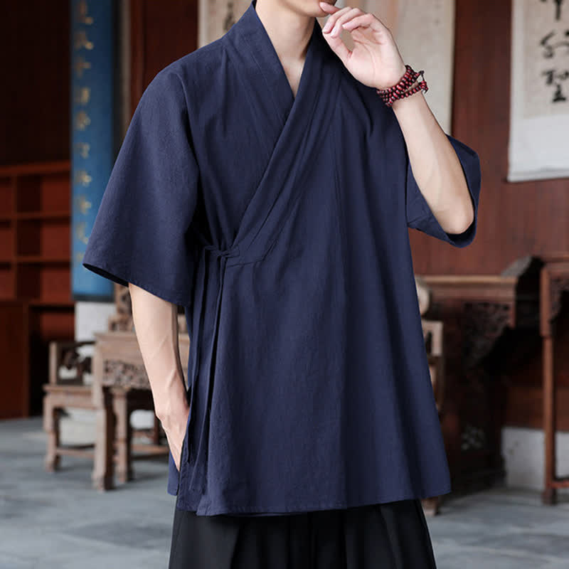 Nimara Ritual Summer Tang Style Minimalist Side Slit V-Neck Solid Men's Short Sleeve Shirts With Pocket