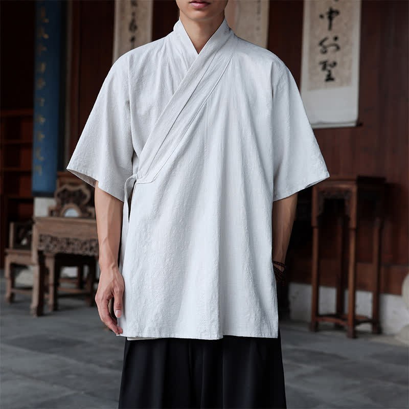 Nimara Ritual Summer Tang Style Minimalist Side Slit V-Neck Solid Men's Short Sleeve Shirts With Pocket