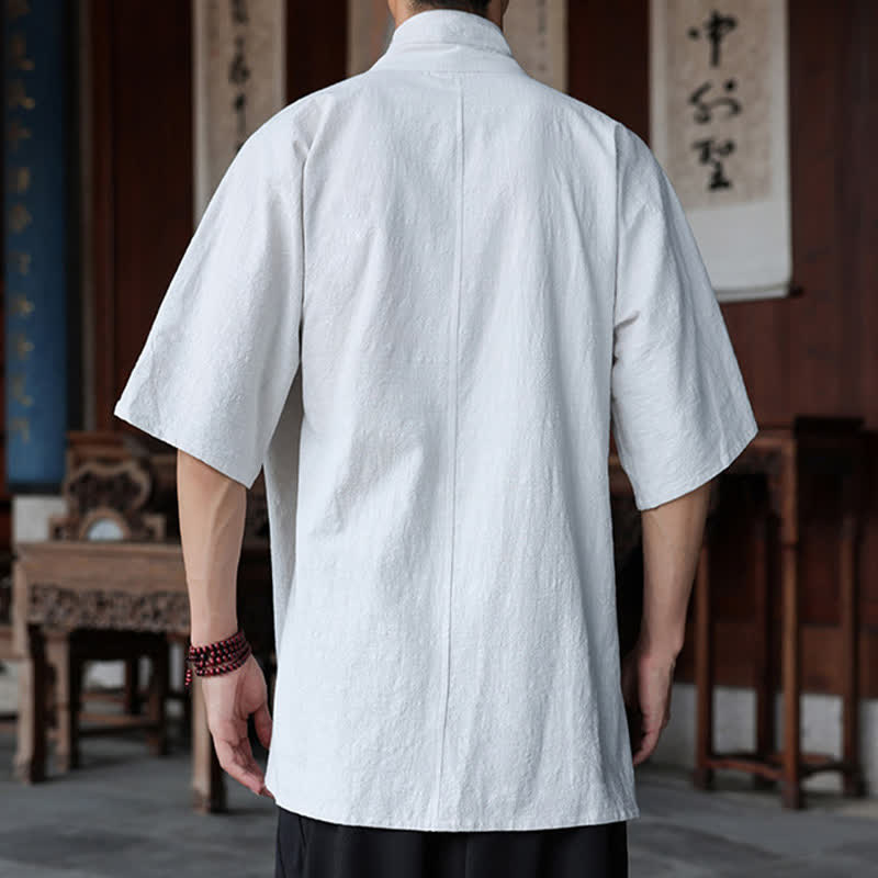 Nimara Ritual Summer Tang Style Minimalist Side Slit V-Neck Solid Men's Short Sleeve Shirts With Pocket