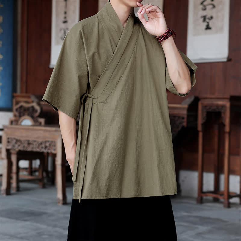 Nimara Ritual Summer Tang Style Minimalist Side Slit V-Neck Solid Men's Short Sleeve Shirts With Pocket