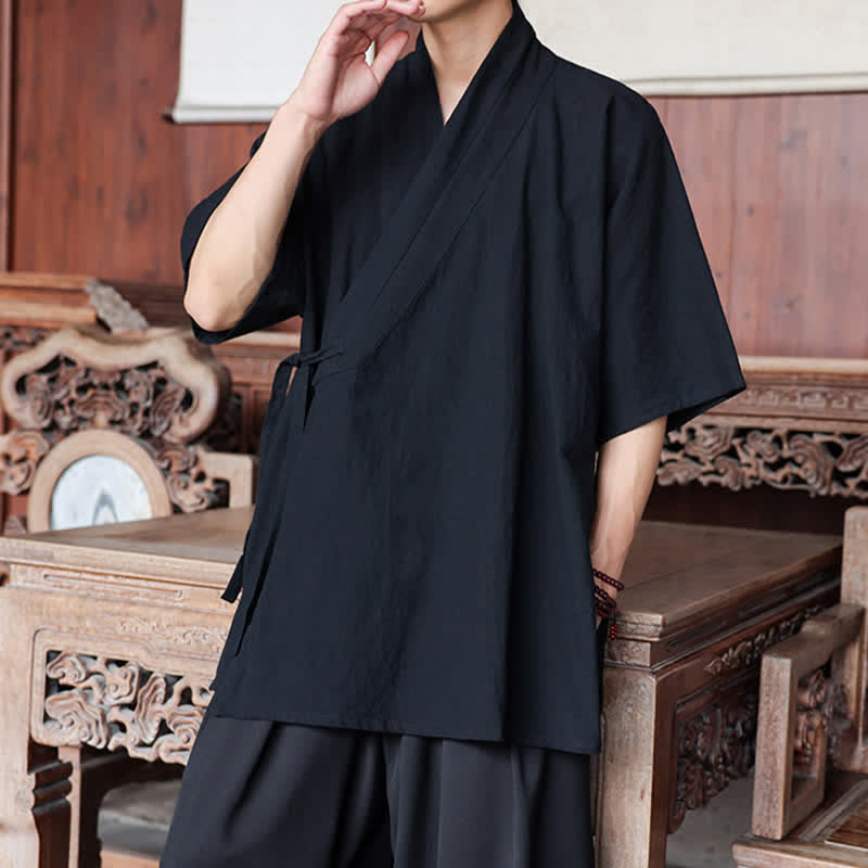 Nimara Ritual Summer Tang Style Minimalist Side Slit V-Neck Solid Men's Short Sleeve Shirts With Pocket