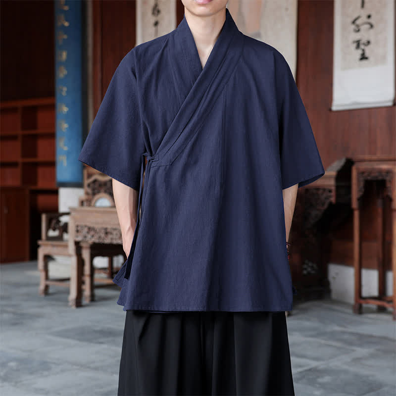 Nimara Ritual Summer Tang Style Minimalist Side Slit V-Neck Solid Men's Short Sleeve Shirts With Pocket