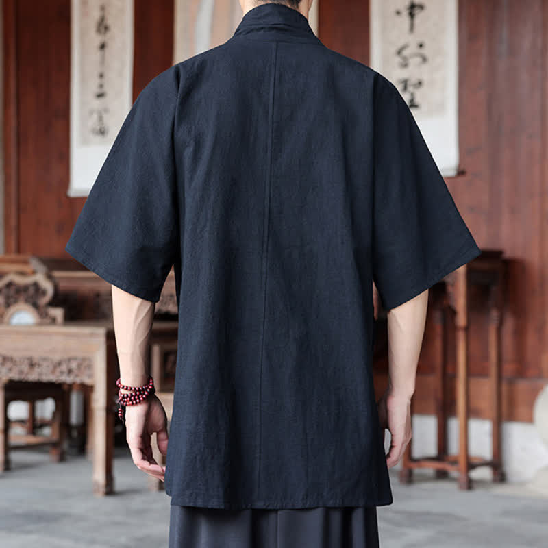 Nimara Ritual Summer Tang Style Minimalist Side Slit V-Neck Solid Men's Short Sleeve Shirts With Pocket