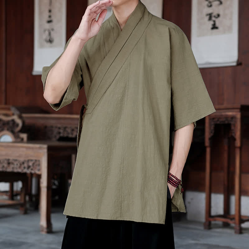 Nimara Ritual Summer Tang Style Minimalist Side Slit V-Neck Solid Men's Short Sleeve Shirts With Pocket