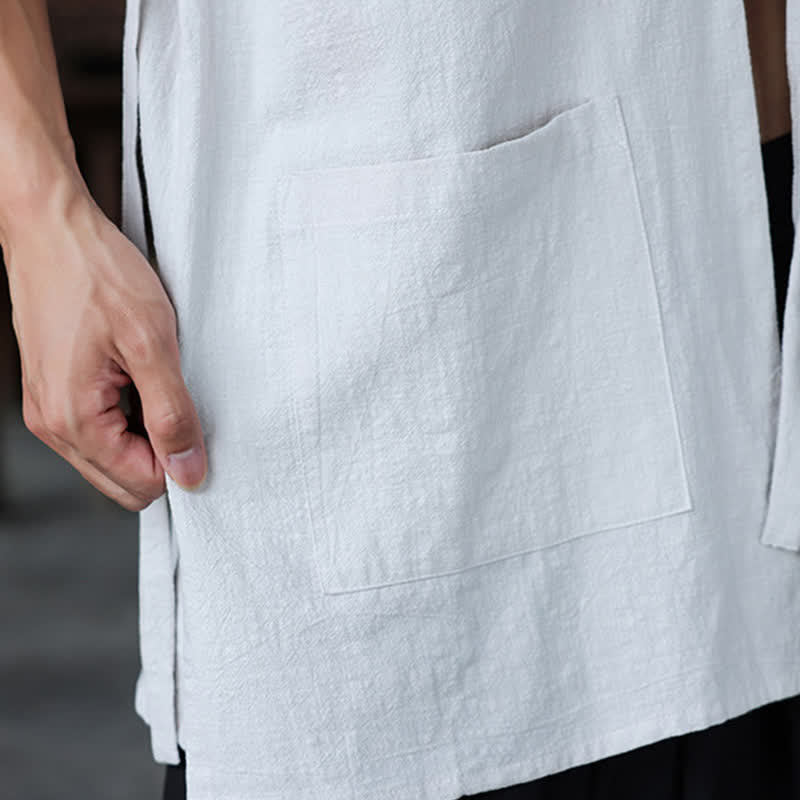 Nimara Ritual Summer Tang Style Minimalist Side Slit V-Neck Solid Men's Short Sleeve Shirts With Pocket