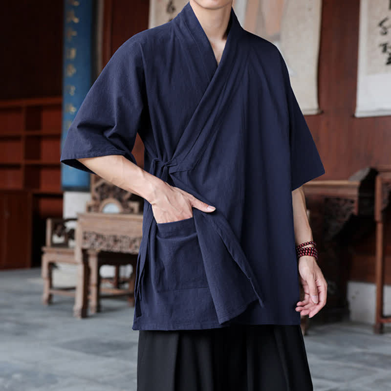 Nimara Ritual Summer Tang Style Minimalist Side Slit V-Neck Solid Men's Short Sleeve Shirts With Pocket