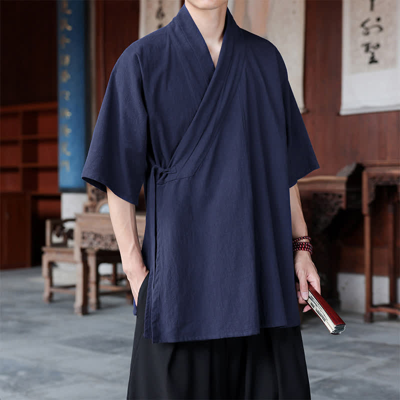 Nimara Ritual Summer Tang Style Minimalist Side Slit V-Neck Solid Men's Short Sleeve Shirts With Pocket