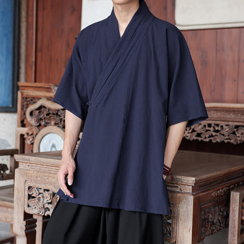Nimara Ritual Summer Tang Style Minimalist Side Slit V-Neck Solid Men's Short Sleeve Shirts With Pocket