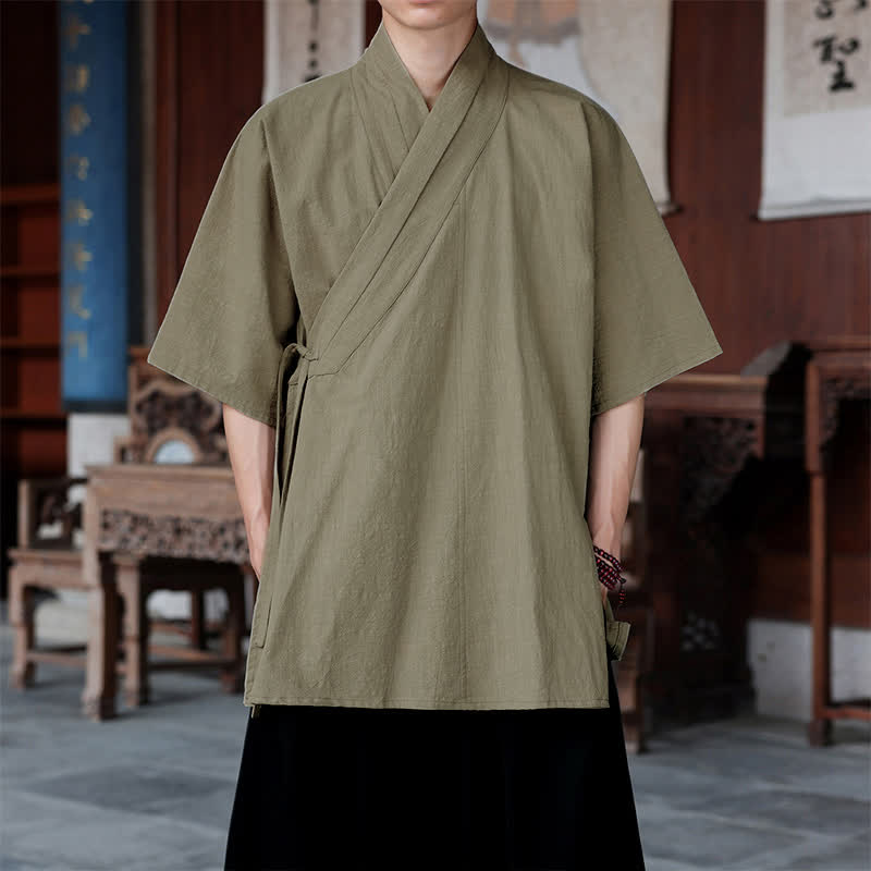 Nimara Ritual Summer Tang Style Minimalist Side Slit V-Neck Solid Men's Short Sleeve Shirts With Pocket