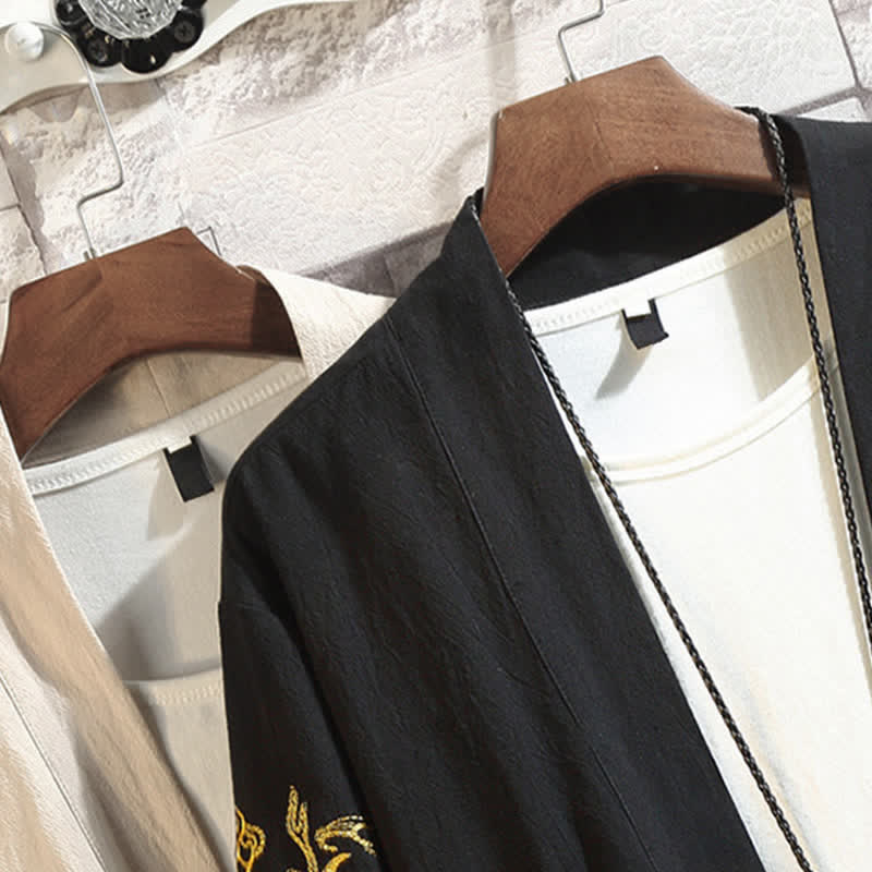 Nimara Ritual Spring Summer Casual Vintage Embroidery Crane Men's Elbow-Length Sleeve Kimono