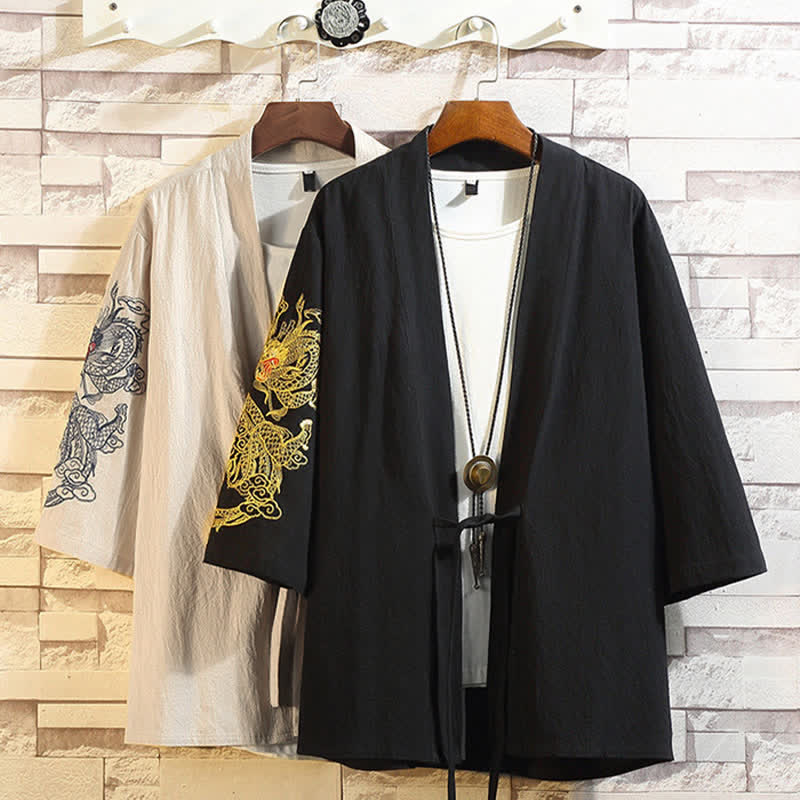 Nimara Ritual Spring Summer Casual Vintage Embroidery Crane Men's Elbow-Length Sleeve Kimono