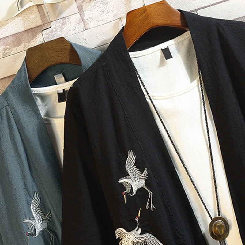 Nimara Ritual Spring Summer Casual Vintage Embroidery Crane Men's Elbow-Length Sleeve Kimono