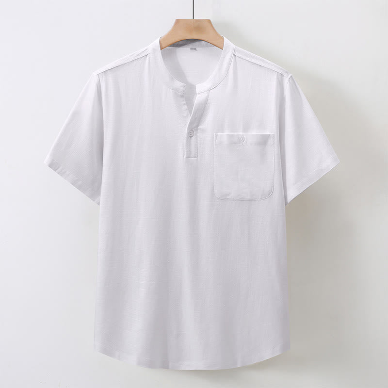 Nimara Ritual Summer Casual Tang Style Mandarin Collar Solid Cotton Linen Men's Short Sleeve Shirts With Pocket