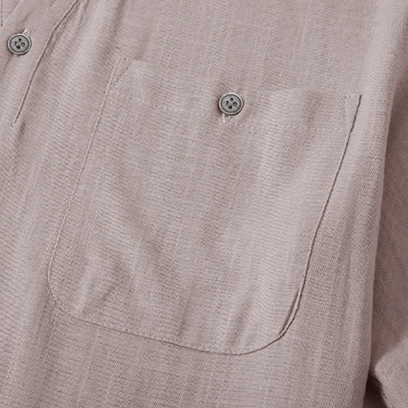 Nimara Ritual Summer Casual Tang Style Mandarin Collar Solid Cotton Linen Men's Short Sleeve Shirts With Pocket