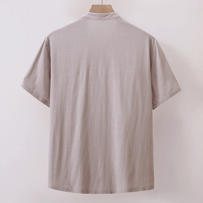 Nimara Ritual Summer Casual Tang Style Mandarin Collar Solid Cotton Linen Men's Short Sleeve Shirts With Pocket
