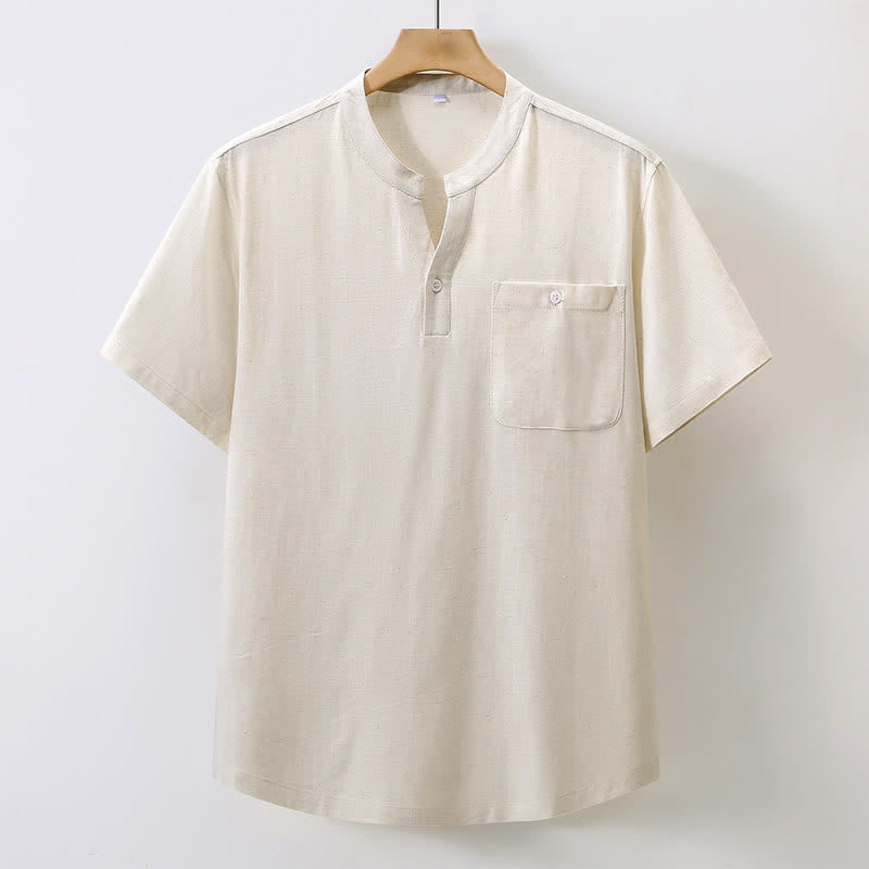 Nimara Ritual Summer Casual Tang Style Mandarin Collar Solid Cotton Linen Men's Short Sleeve Shirts With Pocket
