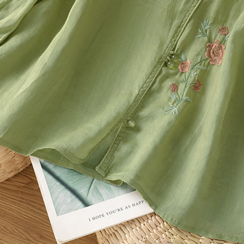 Nimara Ritual Summer Tang Style Vintage Embroidery Floral Women's Elbow-Length Sleeve Shirts