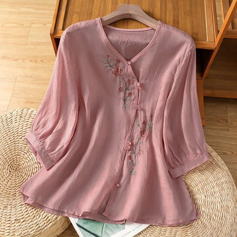 Nimara Ritual Summer Tang Style Vintage Embroidery Floral Women's Elbow-Length Sleeve Shirts