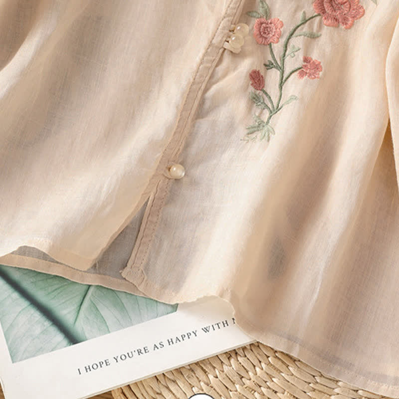 Nimara Ritual Summer Tang Style Vintage Embroidery Floral Women's Elbow-Length Sleeve Shirts