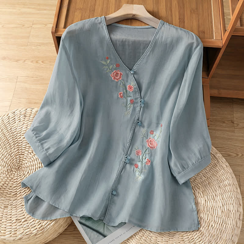 Nimara Ritual Summer Tang Style Vintage Embroidery Floral Women's Elbow-Length Sleeve Shirts